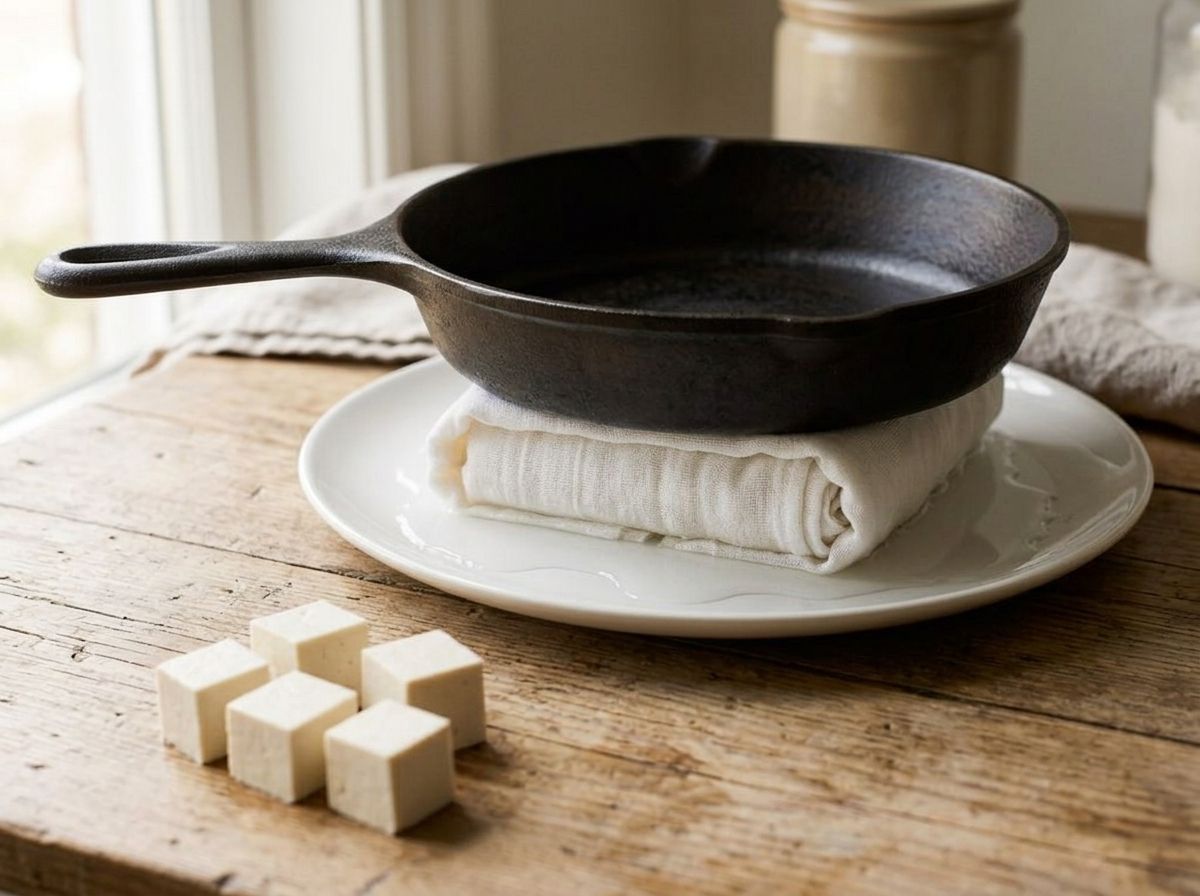 A block of tofu wrapped in a towel and pressed under a heavy pan, with cut cubes in front