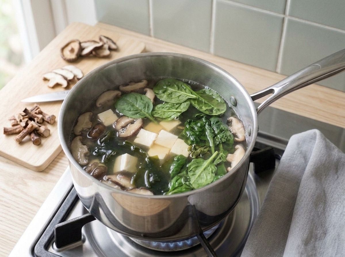 Silken tofu, wakame and spinach warming in the still-clear dashi before the miso goes in
