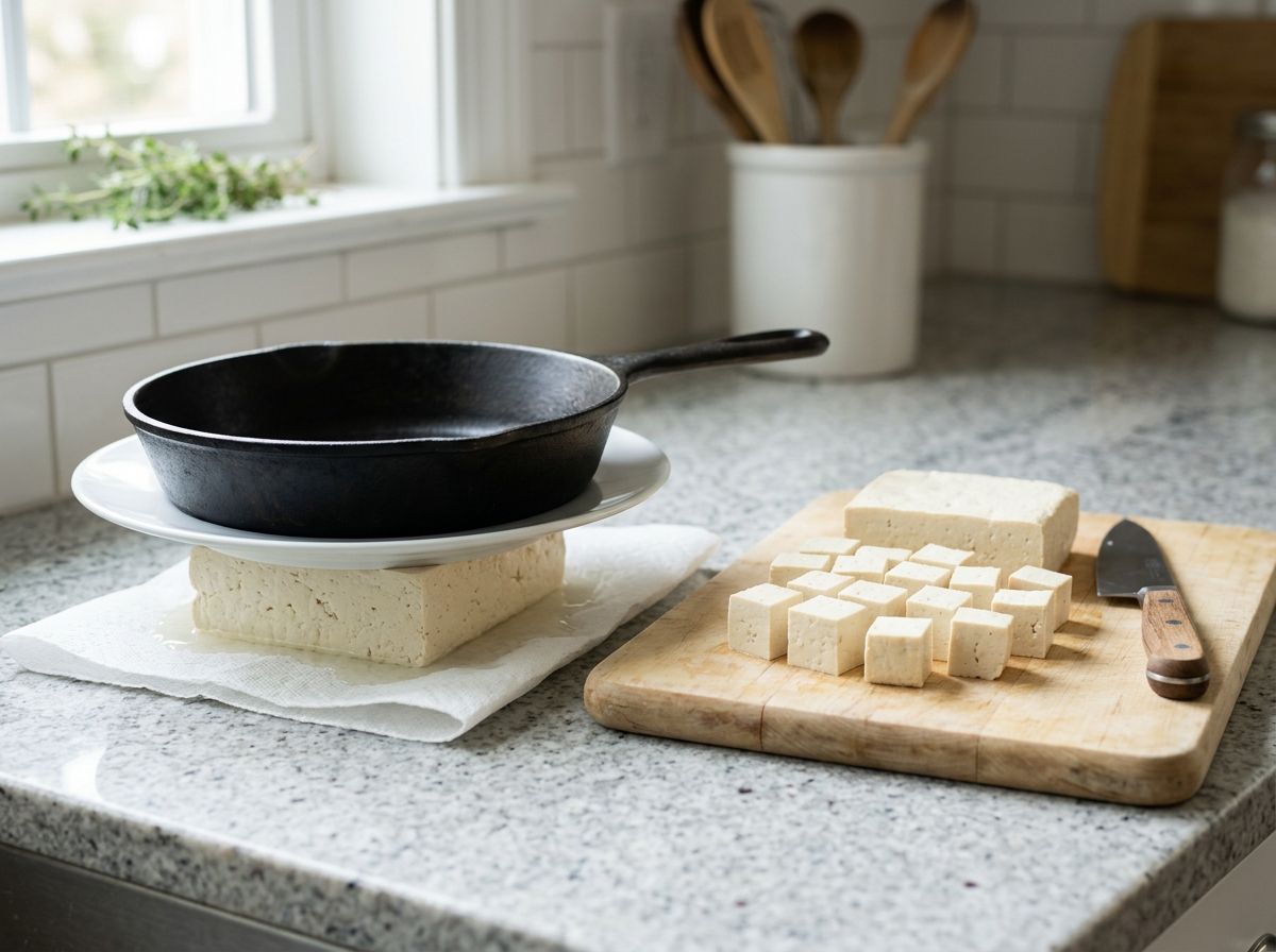 A block of tofu pressing under a plate and a cast iron pan, beside a board of freshly cut tofu cubes
