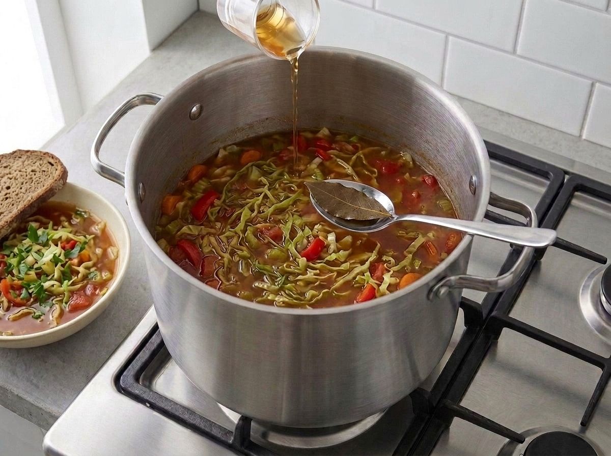 The finished soup off the heat, the bay leaf lifted out on a spoon and vinegar going in, with a bowl served with parsley and rye bread alongside