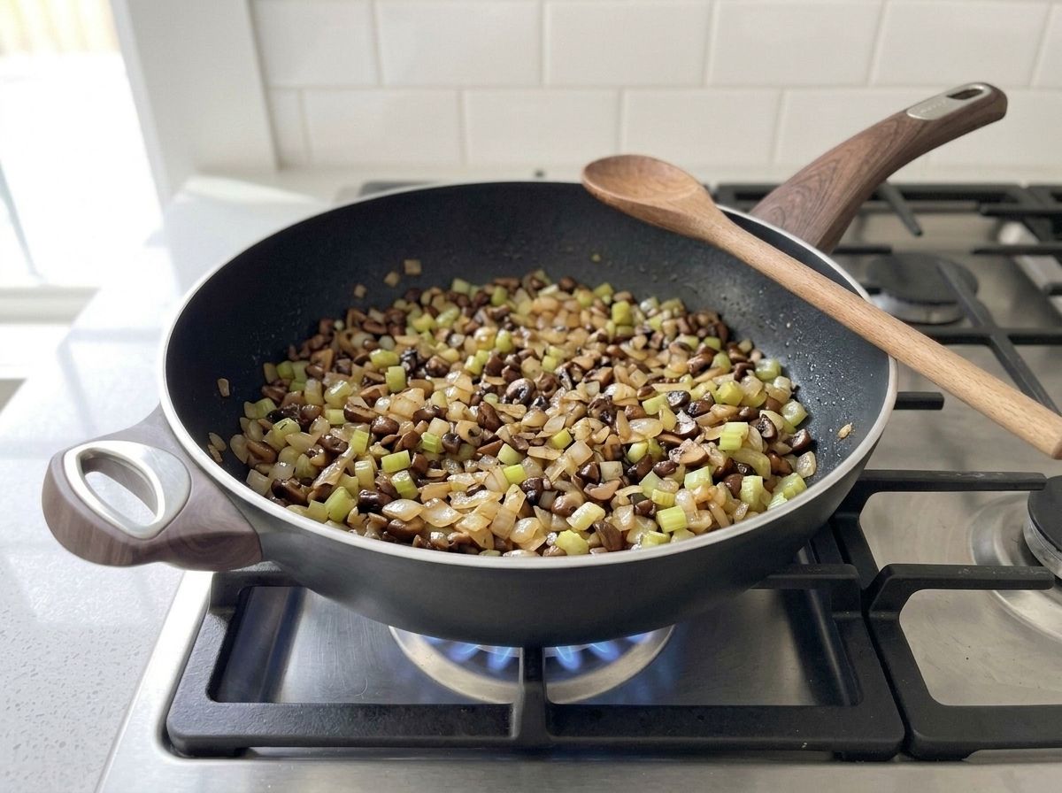 Diced onion and celery softening in the skillet with the browned mushrooms.