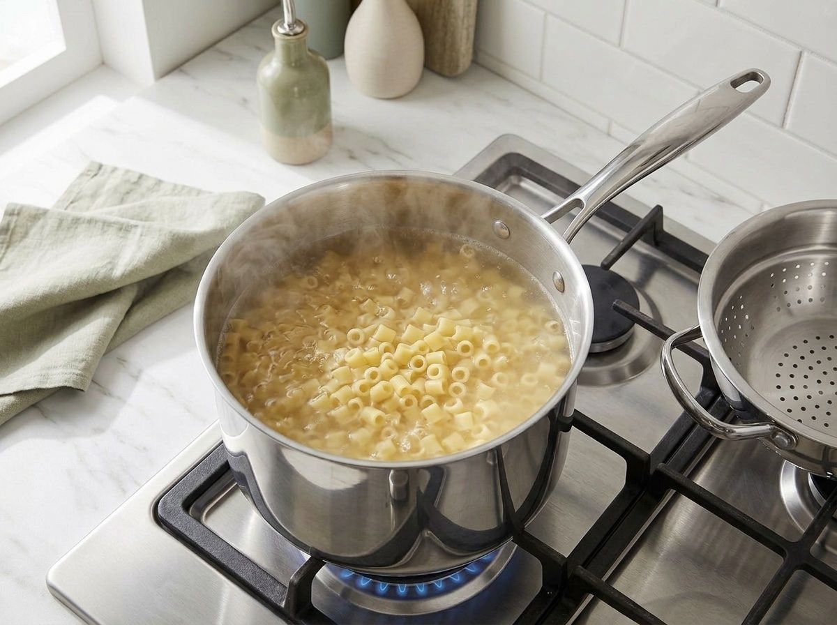 Ditalini pasta boiling in a separate saucepan with a colander waiting alongside