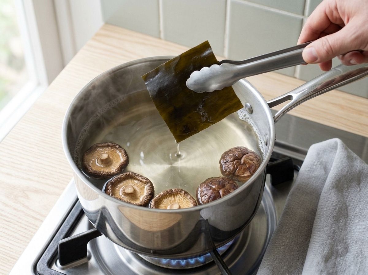 Kombu being lifted out of the pale dashi with tongs just before the surface reaches a simmer