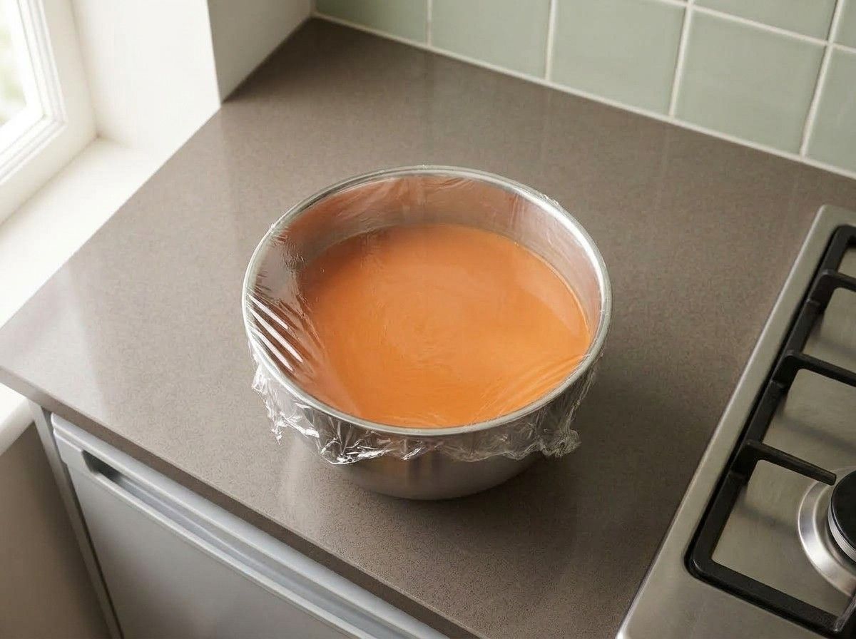 The sweetened Thai tea cooling in a bowl covered with plastic wrap before chilling