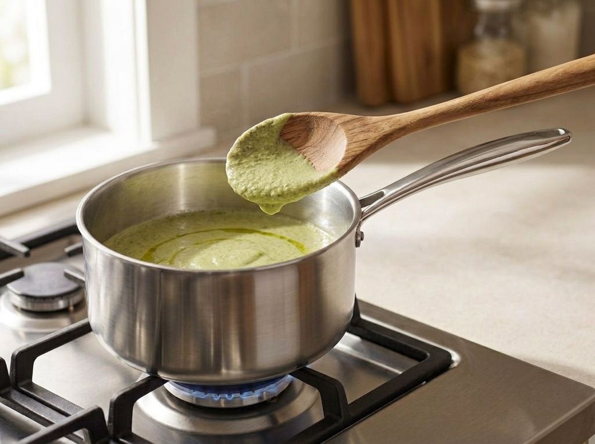 Pale green pumpkin seed sauce warming gently until it coats the back of a spoon
