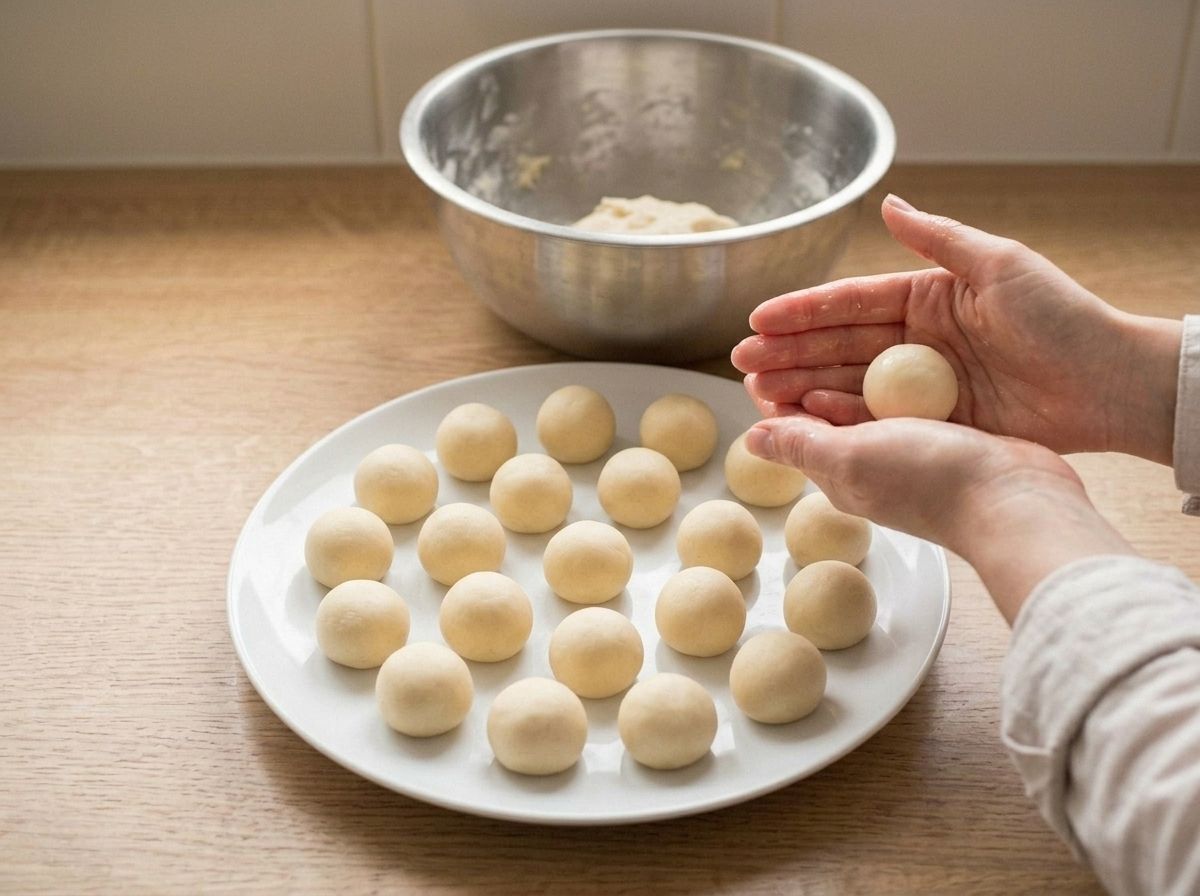 Twenty smooth, crack-free balls of raw pale dough rolled out on a plate, with one more being shaped