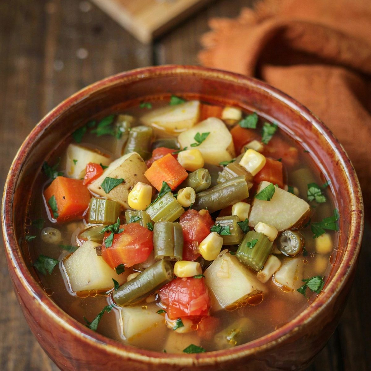 A bowl of vegetable crock pot soup on a dark wooden table, with cubes of potato, diced carrot and celery, green beans, corn and tomato in a clear broth, scattered with chopped parsley and served with crusty bread.