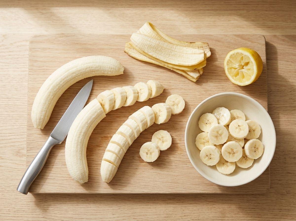 Slicing ripe bananas into coins and turning them through lemon juice