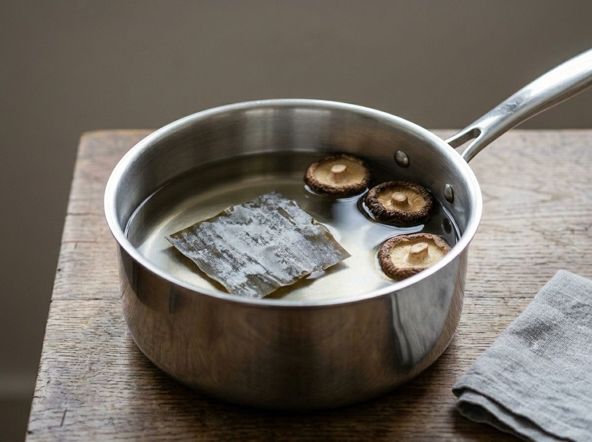 Kombu and three dried shiitake steeping in cold water in a stainless steel saucepan, the pale bloom left on the seaweed