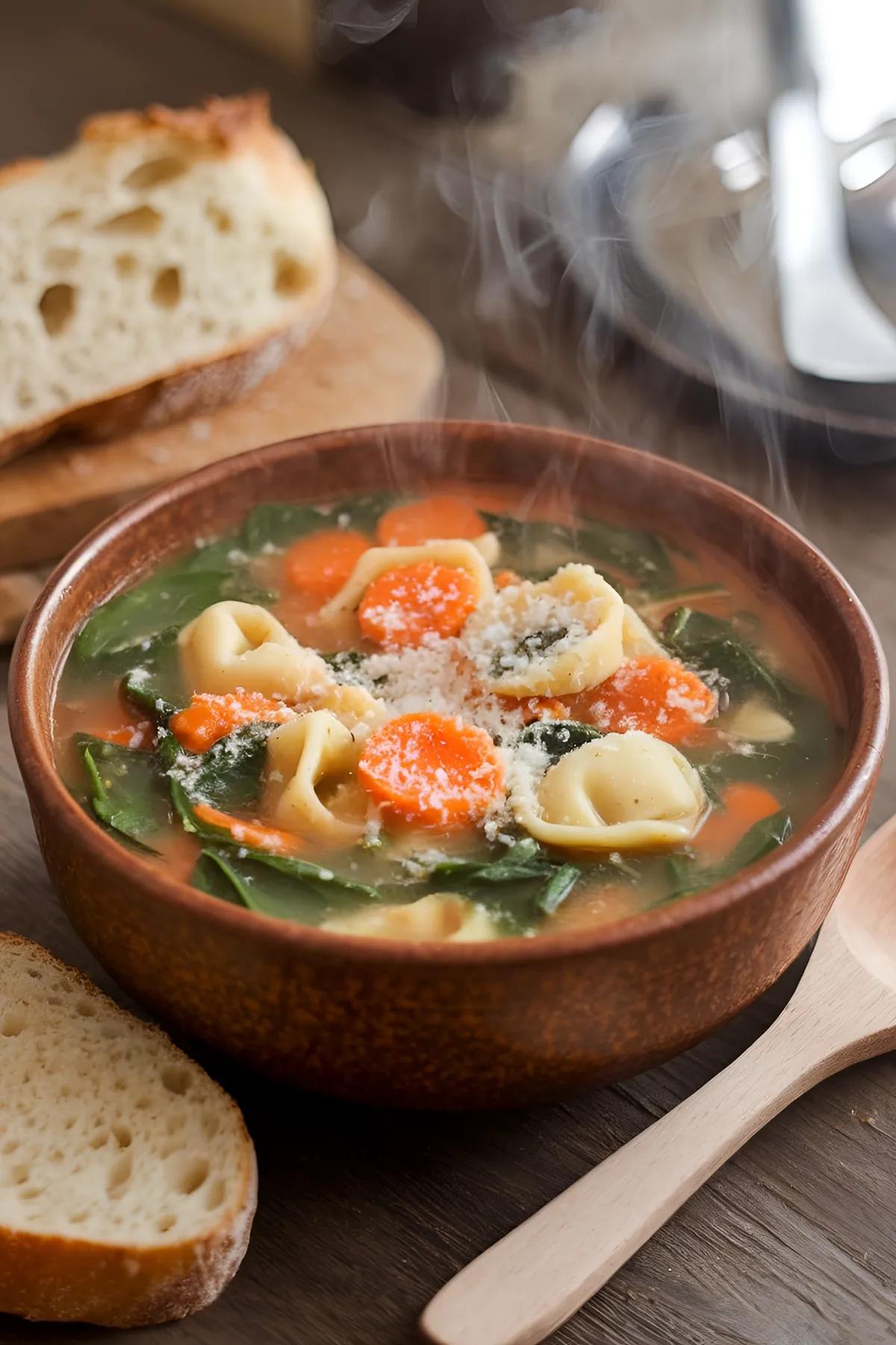 A bowl of vegetable tortellini soup with spinach, carrots, and cheese tortellini, garnished with Parmesan cheese, on a rustic table with bread.