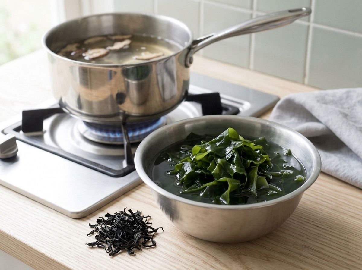 Dried wakame swollen to ten times its size in a bowl of cold water, beside the small dry pile it started as