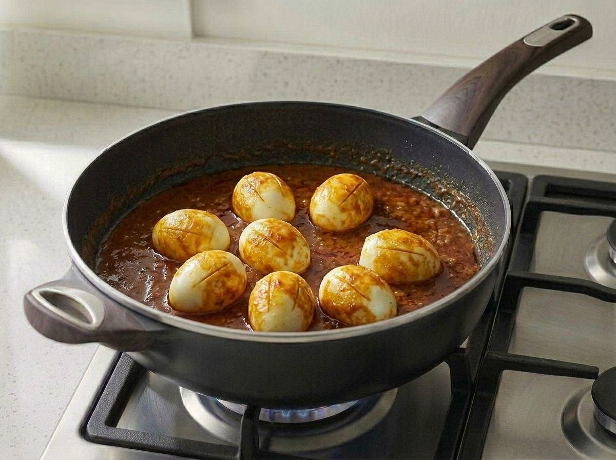 Eight blistered eggs nestled in a single layer in the brick-red gravy, sauce spooned halfway up their sides.