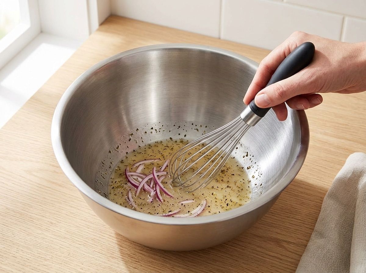 Whisking red wine vinaigrette with oregano in a steel bowl, thin red onion slices soaking in it