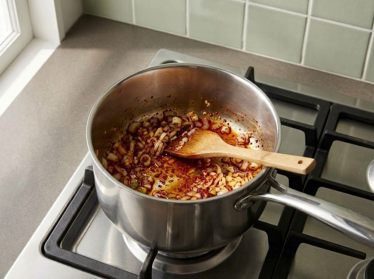 Gochugaru stirred into the softened onion off the heat, the oil turned brick red in a saucepan on an unlit burner