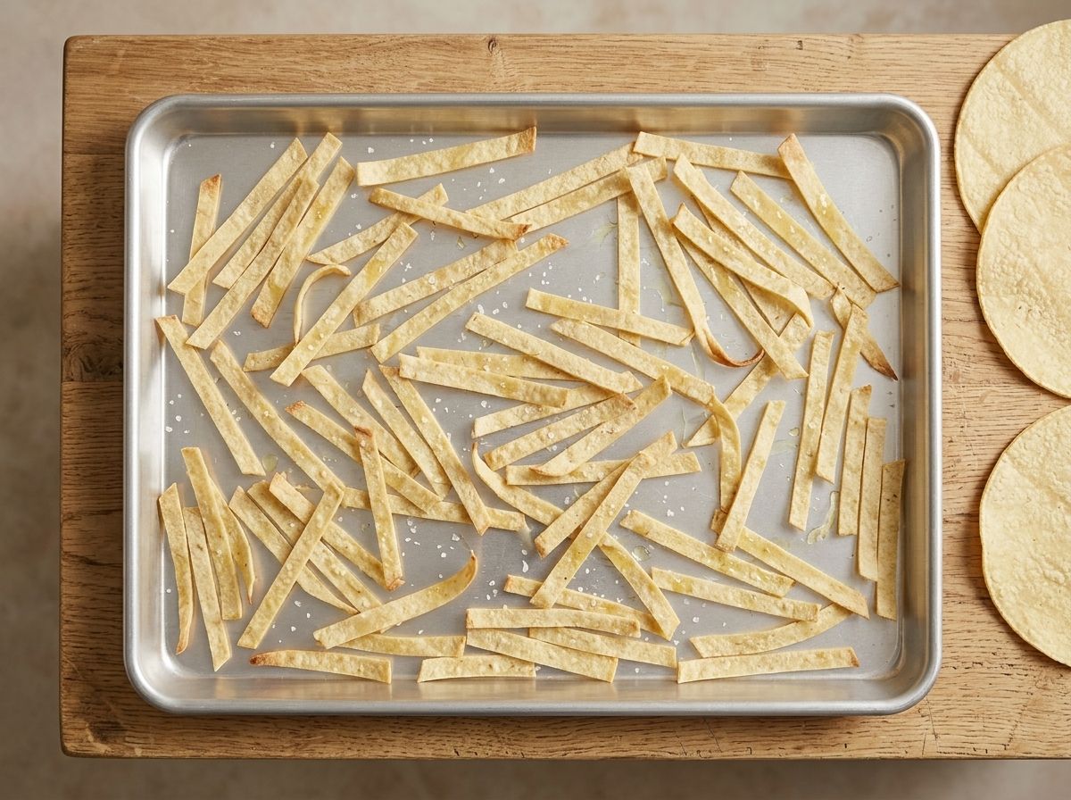 Thin corn tortilla strips baked to pale gold in a single layer on an aluminum baking sheet