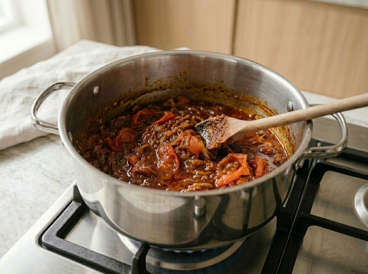 Chopped tomatoes collapsing into the fried red paste until the oil separates again