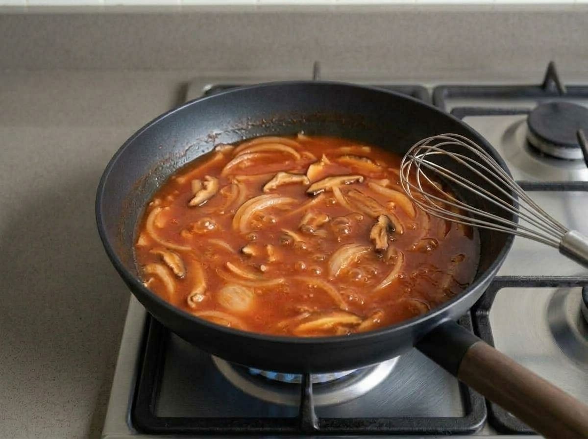 The red paste whisked into the broth until even and thin, simmering with onion and shiitake slices.