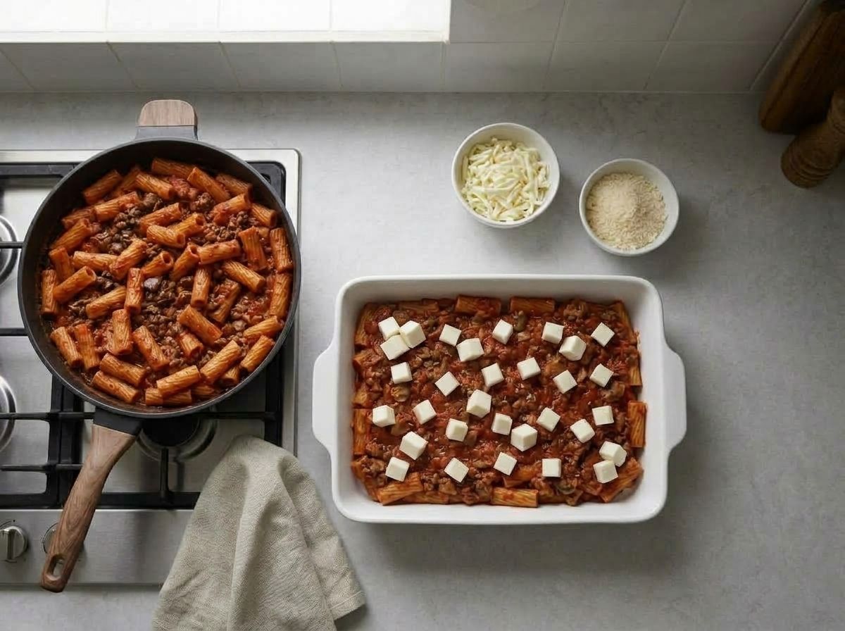 Half the sauced rigatoni in a baking dish with cubes of mozzarella scattered over it, the rest of the pasta waiting in the skillet