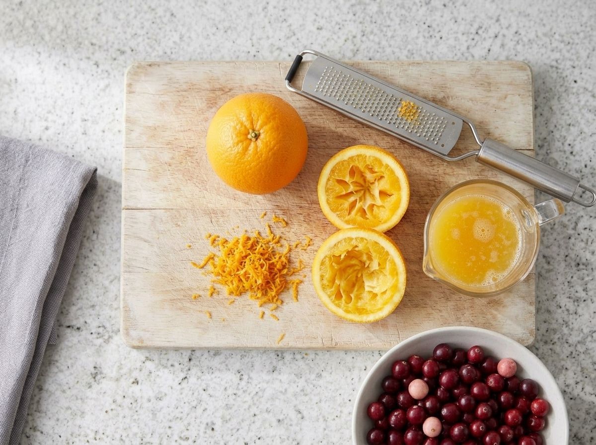 Orange zest grated into a mound beside a microplane, with two squeezed orange halves and a jug of fresh juice