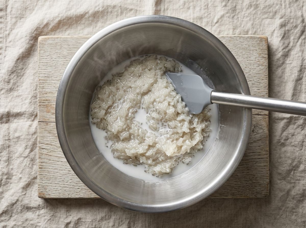 Warm coconut dressing poured over hot sticky rice in a mixing bowl, looking far too wet