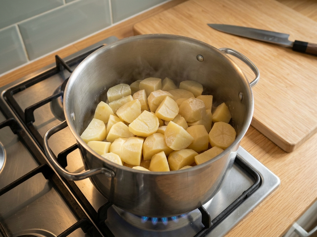Drained potatoes drying in the hot empty pot, their surfaces gone chalky and matte.