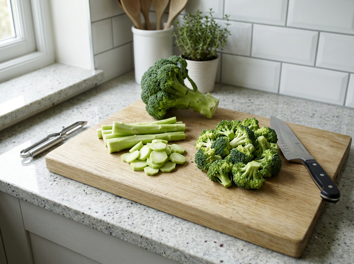 Raw broccoli broken into large florets on a wooden board, with the peeled stems sliced into pale green coins beside them.