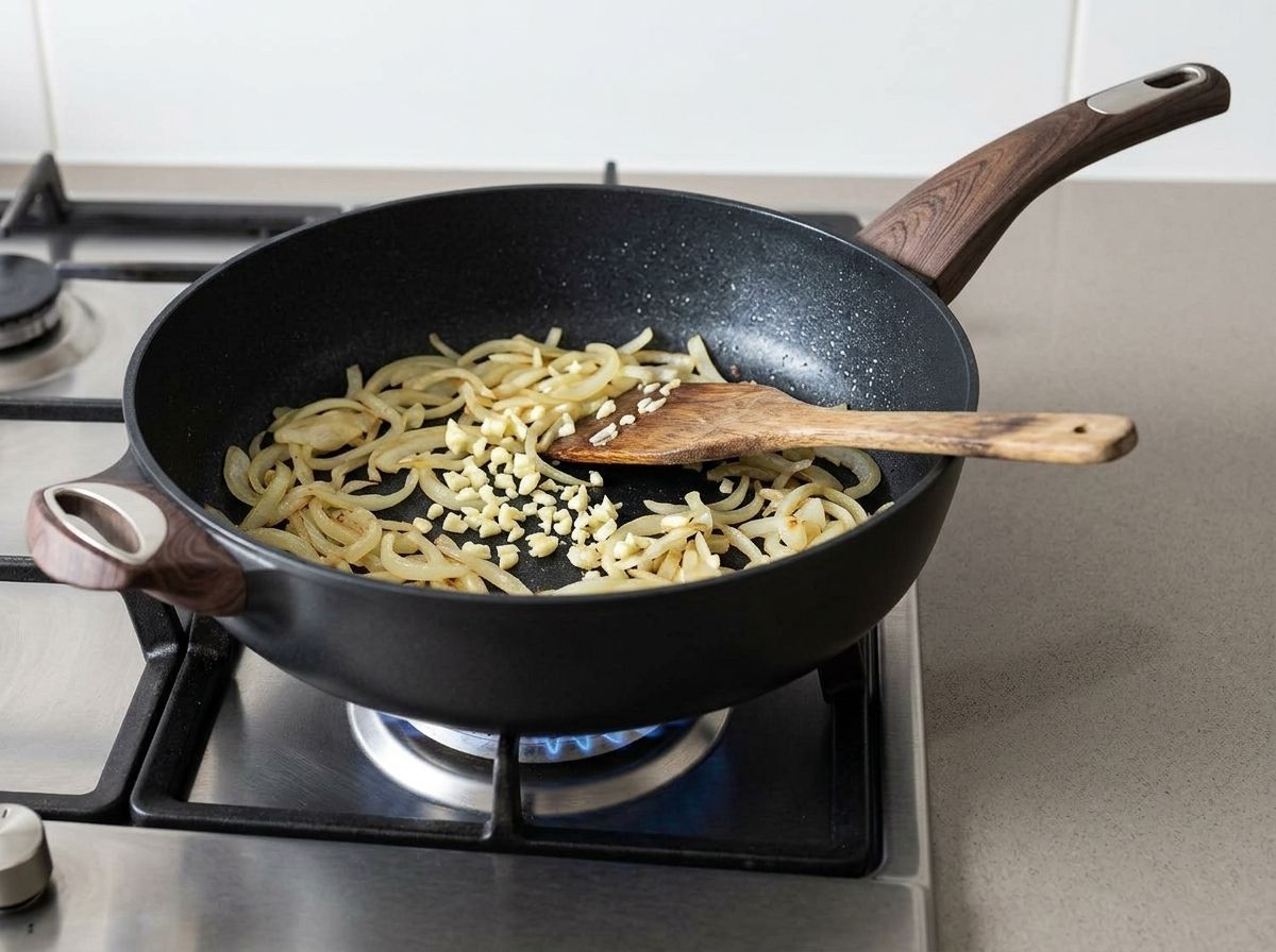 Thinly sliced onion and minced garlic softening in a skillet over a gas flame