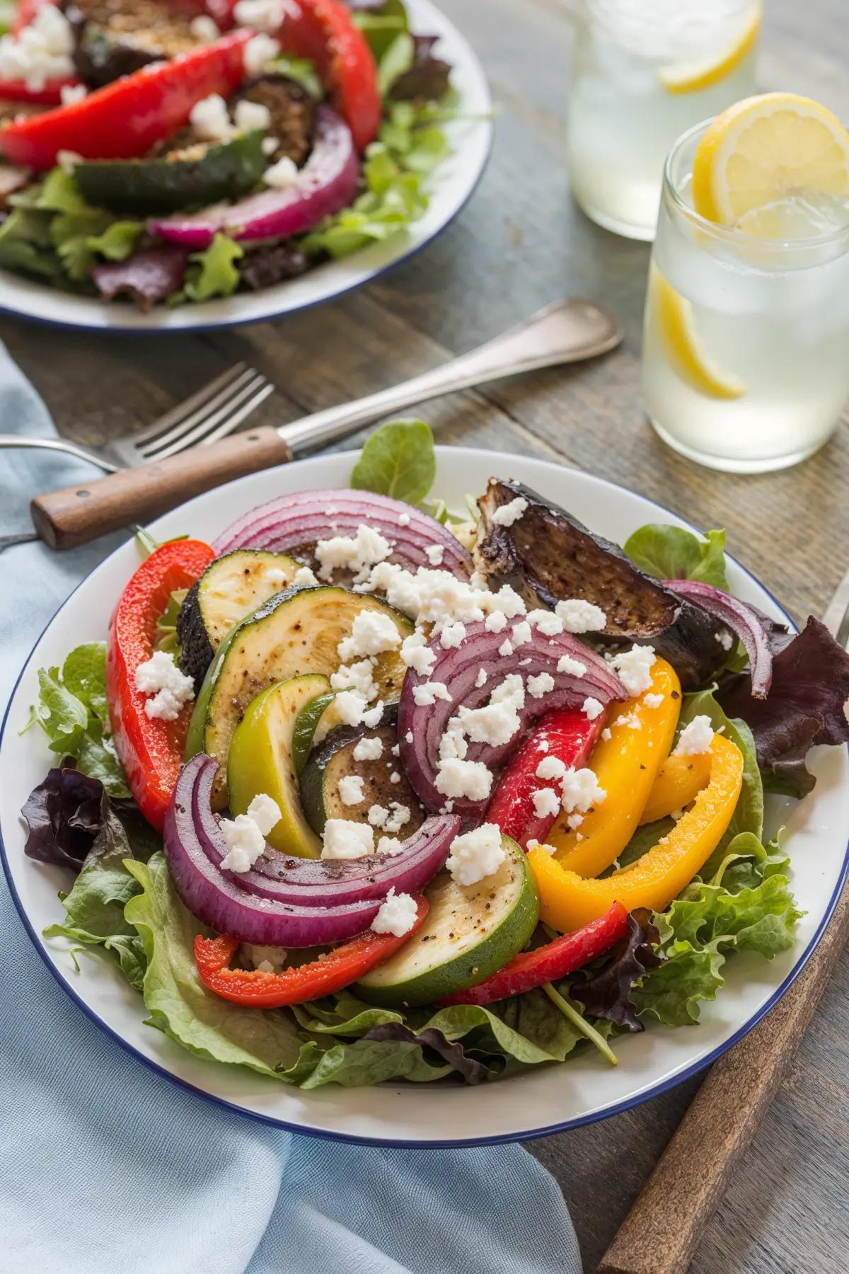 A vibrant Mediterranean roasted vegetable salad with bell peppers, zucchini, eggplant, and feta cheese on a wooden table.