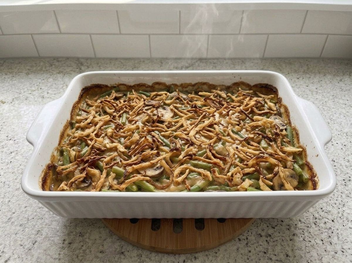Crispy fried onions scattered over the casserole and baked to deep golden brown.