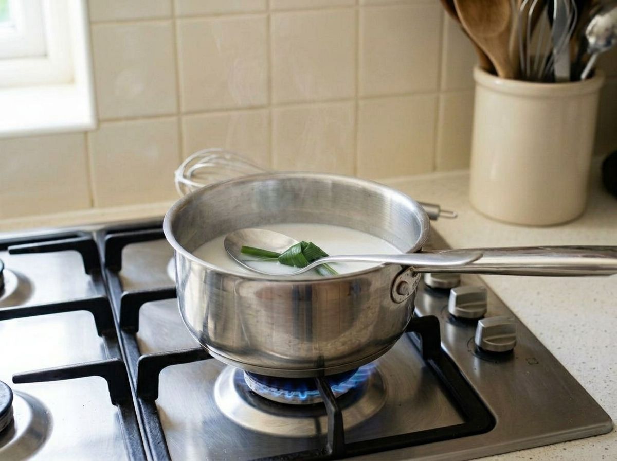 Coconut milk, sugar and a knotted pandan leaf warming in a saucepan without boiling