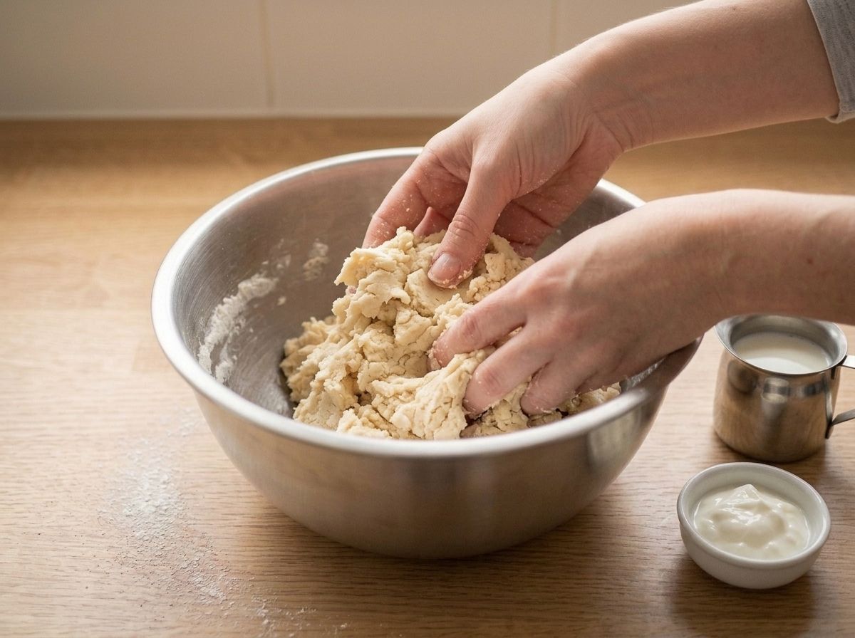 Yogurt and milk worked into the crumbs until they clump into a soft, ragged, pale dough