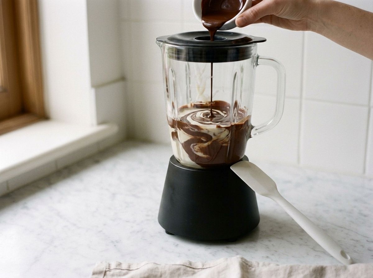 Molten dark chocolate poured into the running blender, marbling through the pale tofu cream