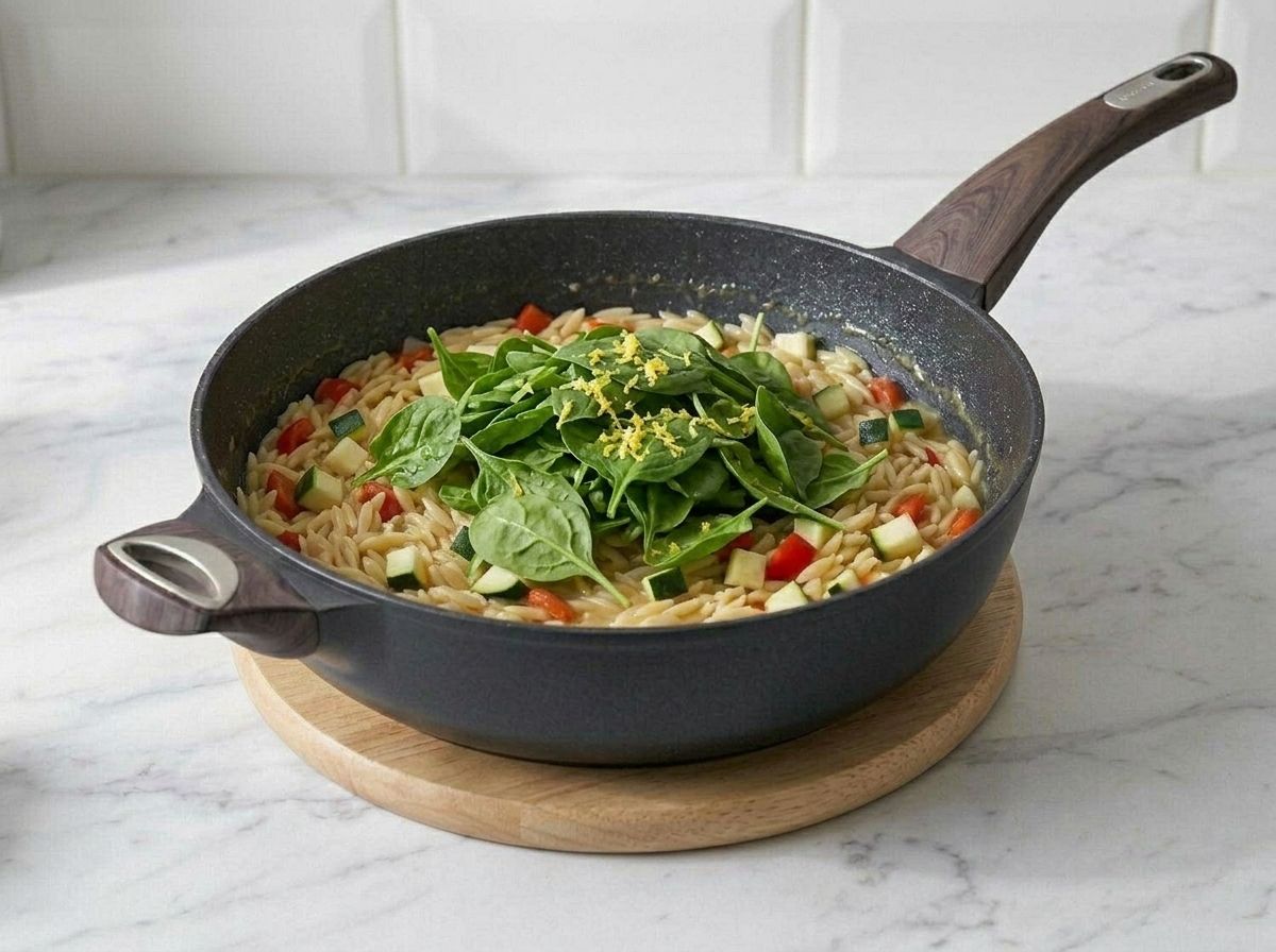 Raw baby spinach and lemon zest piled onto the cooked orzo with the pan off the heat.