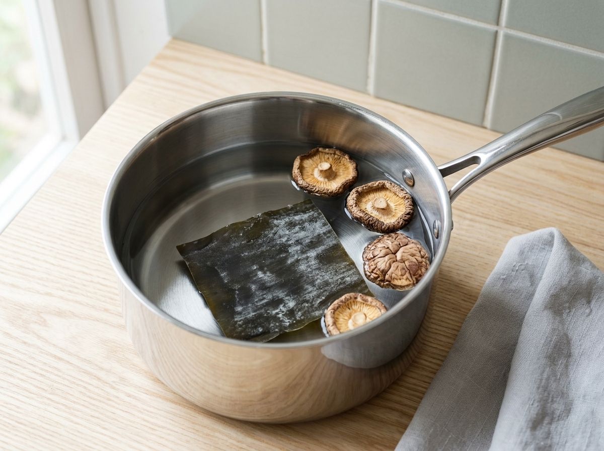 Kombu and dried shiitake steeping in cold water in a stainless saucepan before the dashi is heated