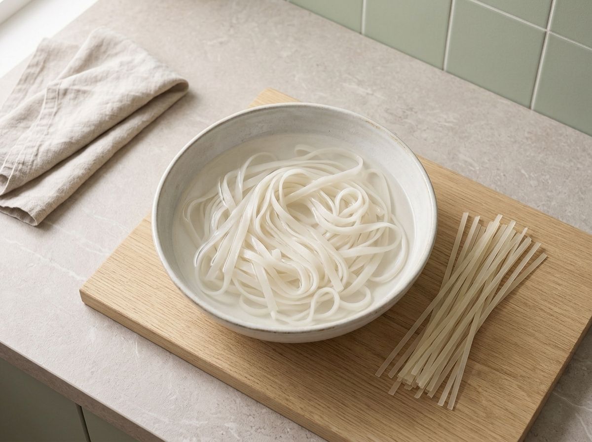 Flat rice noodles soaking in a bowl of warm water until opaque white and limp, dry brittle noodles beside them for contrast