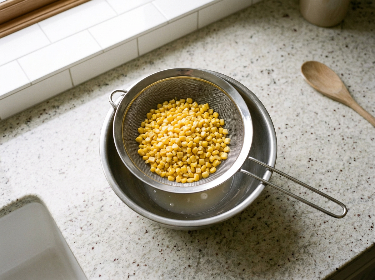 Drained whole corn kernels heaped in a fine mesh strainer over a bowl, the packing liquid dripping through.