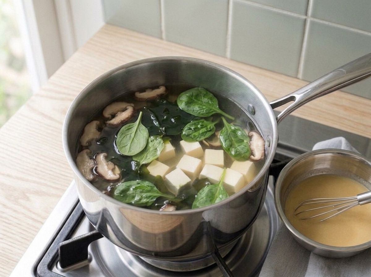 Miso whisked smooth with a little hot broth in a small bowl, the saucepan off the heat alongside