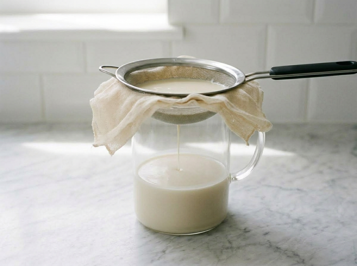 The horchata strained a second time through cheesecloth into a glass pitcher