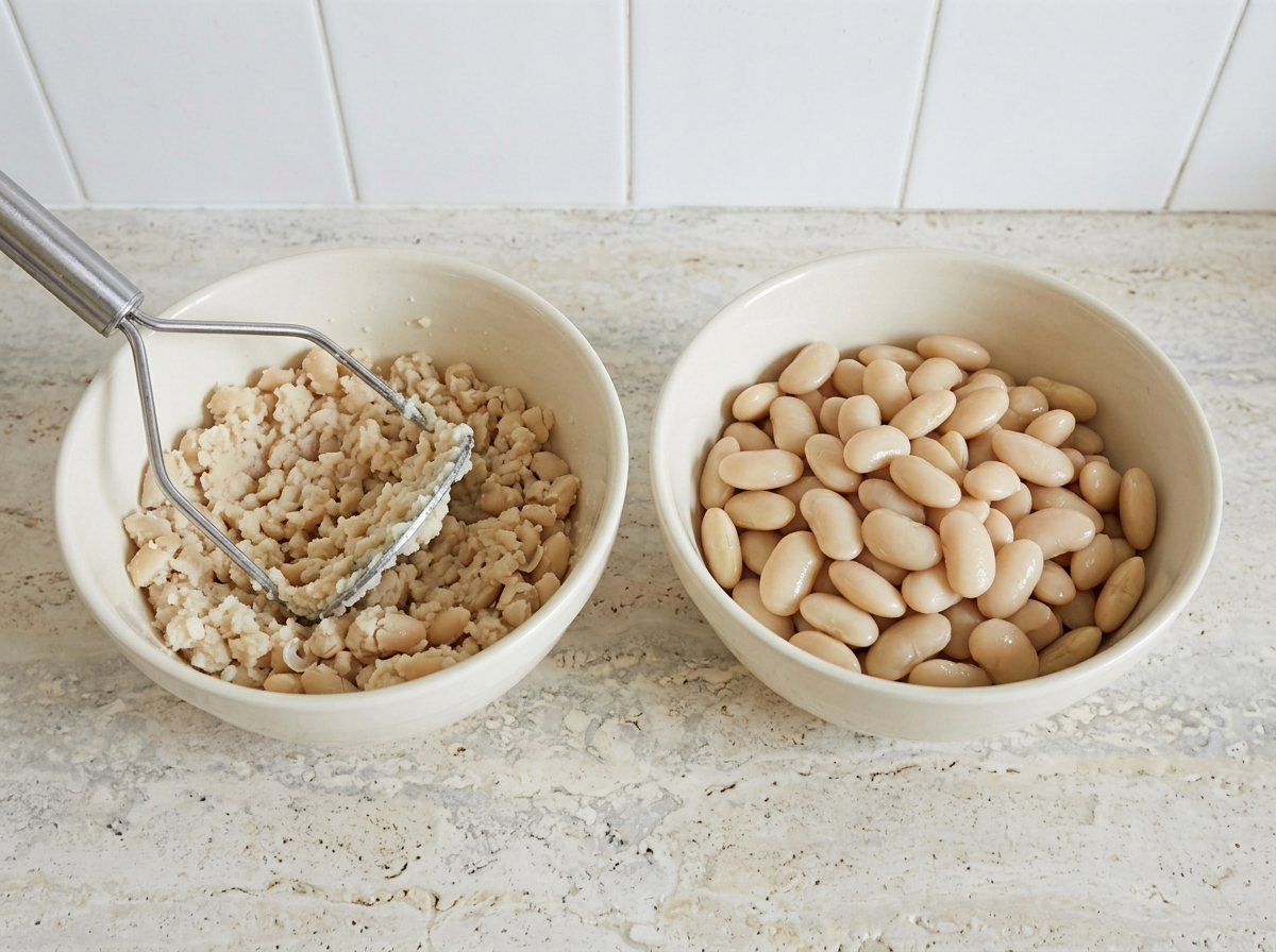 One cup of white beans crushed to a coarse lumpy paste with a masher in one bowl, the remaining whole beans left in a second bowl beside it.
