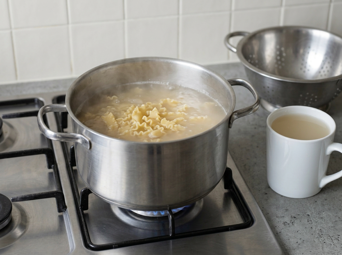 Campanelle boiling in a big pot of cloudy, starchy water, with a mug of that water set aside before draining