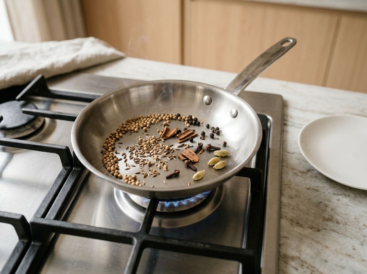 Whole coriander, cumin, peppercorns, cloves, cinnamon and cardamom toasting in a dry steel pan over a gas flame
