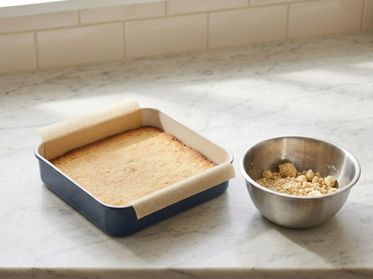 A golden baked shortbread crust in the lined pan, beside a bowl of the raw crumb mixture it started as