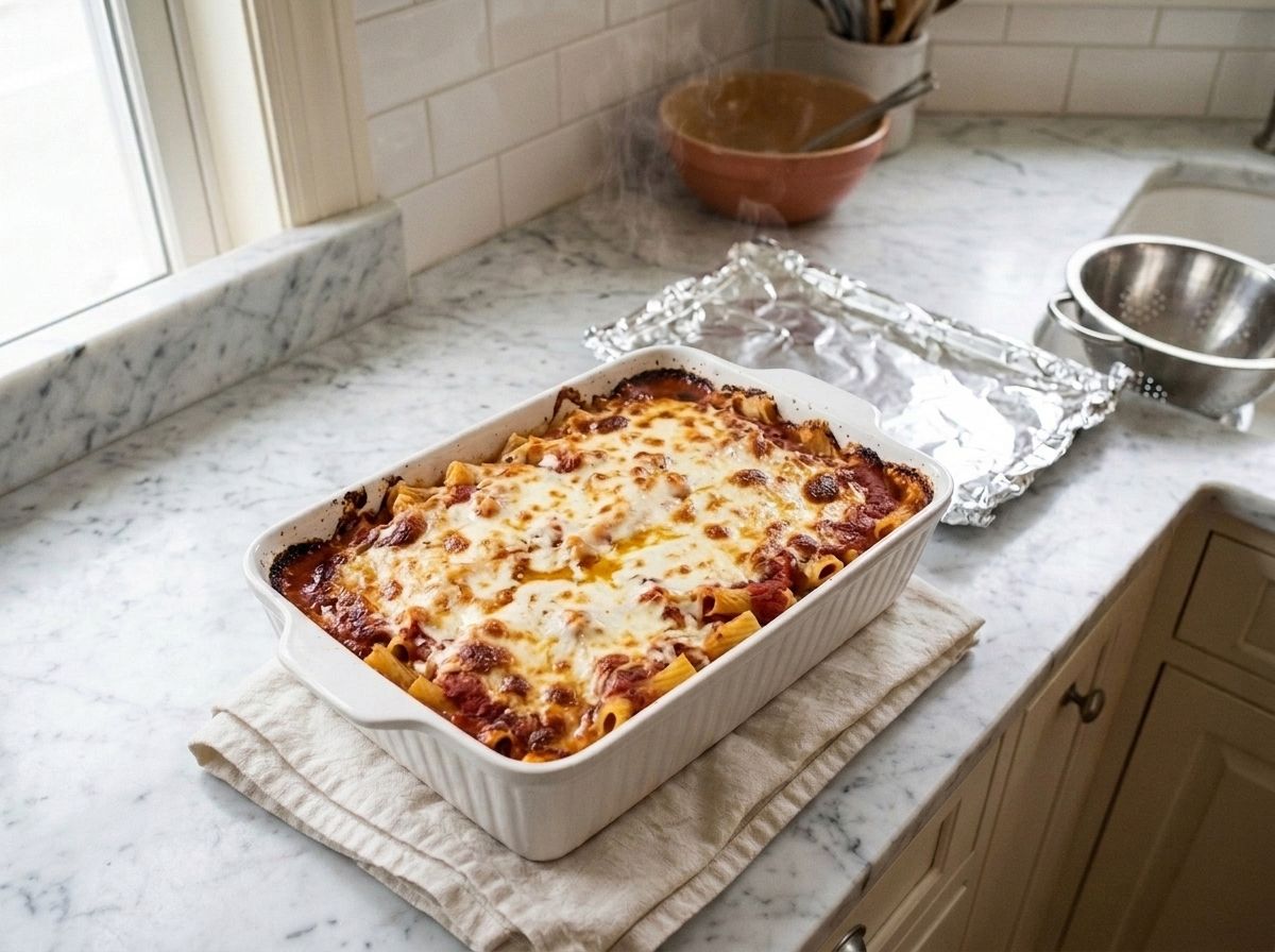Baked ziti out of the oven with the foil pulled off, cheese browned in patches and sauce bubbling at the edges