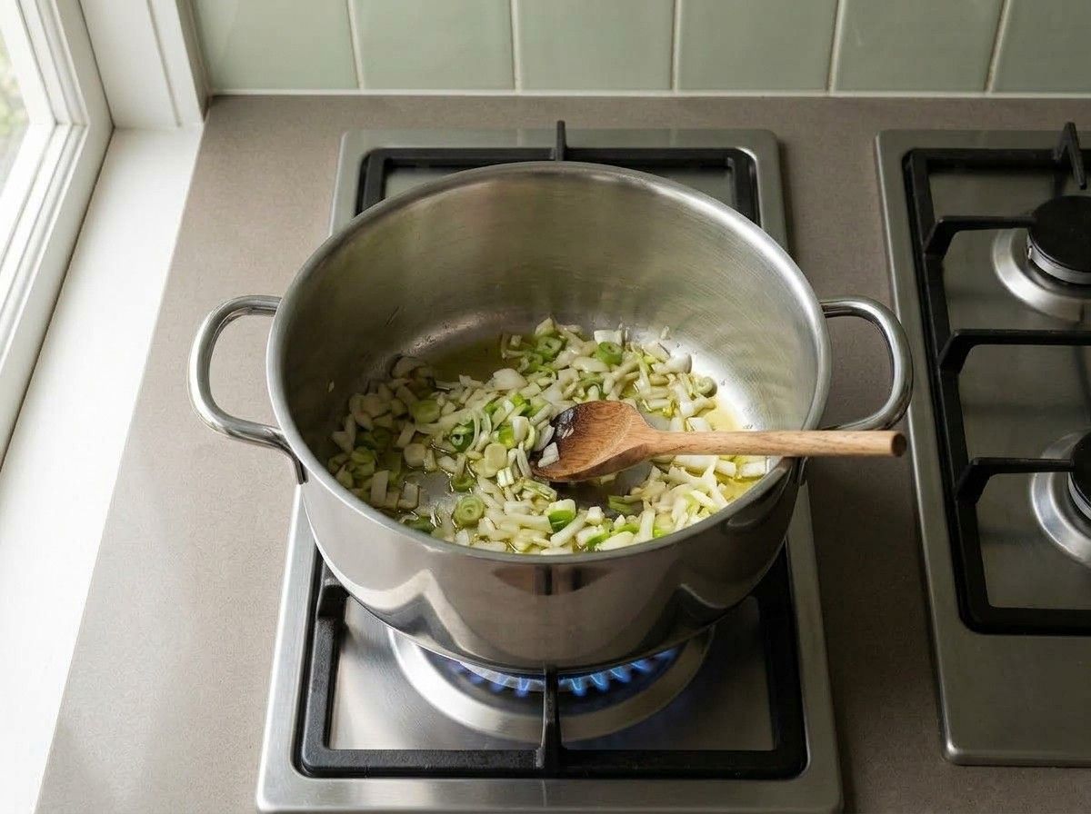 Chopped onion and scallions softening in olive oil in a wide pot over a gas flame