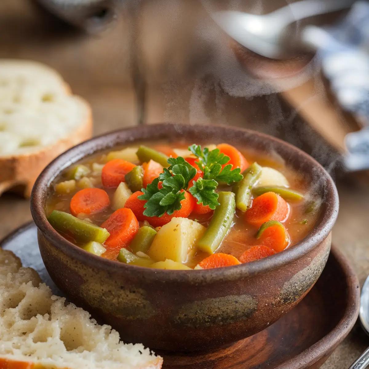 A bowl of homemade vegetable soup with carrots, green beans, and potatoes, garnished with parsley, on a wooden table with bread.
