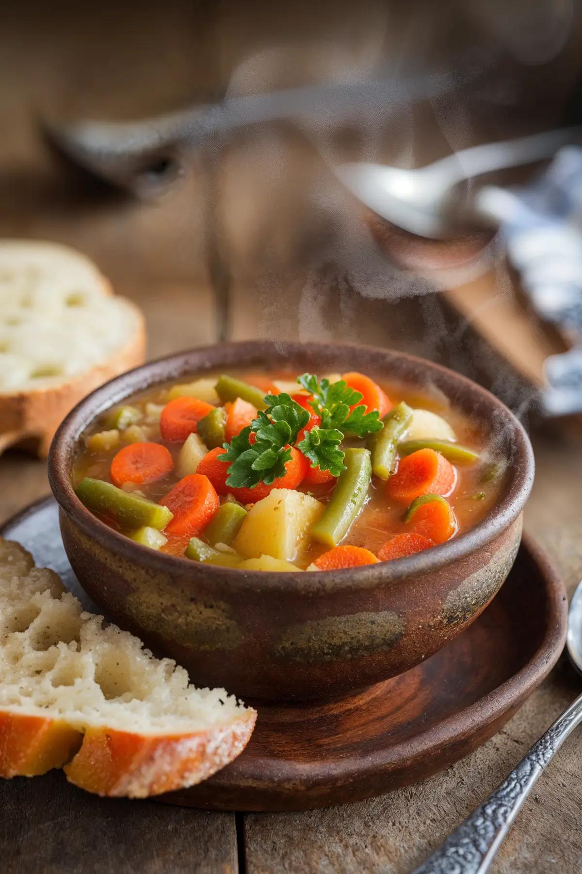 A bowl of homemade vegetable soup with carrots, green beans, and potatoes, garnished with parsley, on a wooden table with bread.