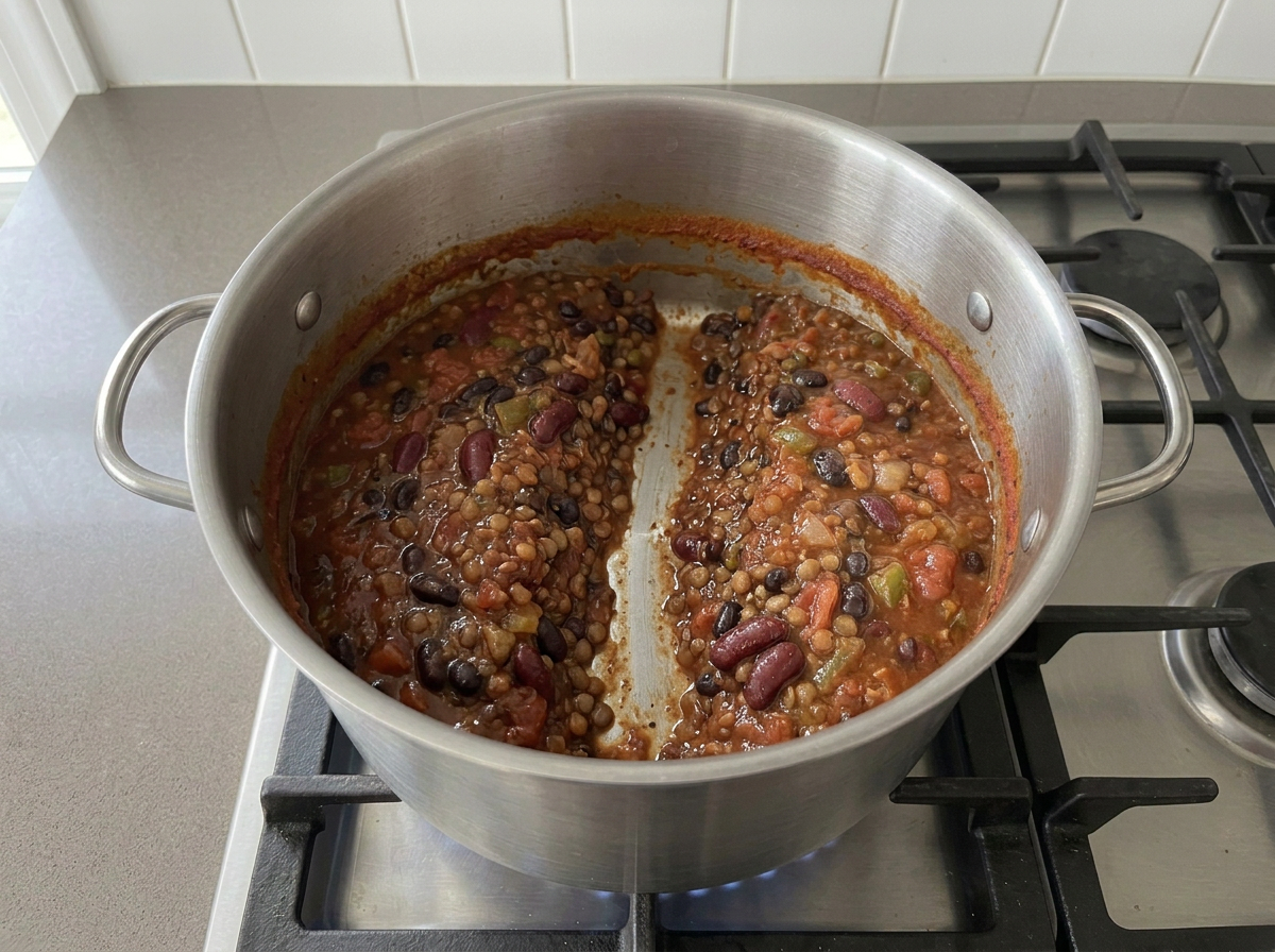A wooden spoon dragged across the base of the pot leaving a channel in the thickened chili