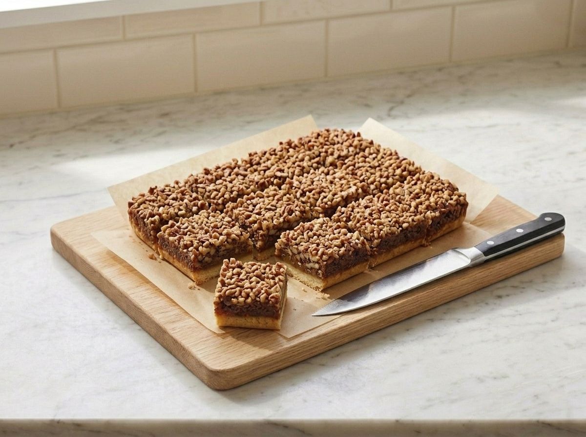 The cooled slab lifted onto a board and cut into squares, one eased out to show the shortbread base under the pecan filling