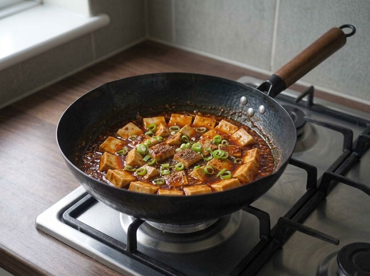 The finished mapo tofu off the heat, scattered with bright green scallion rings and ground Sichuan pepper.