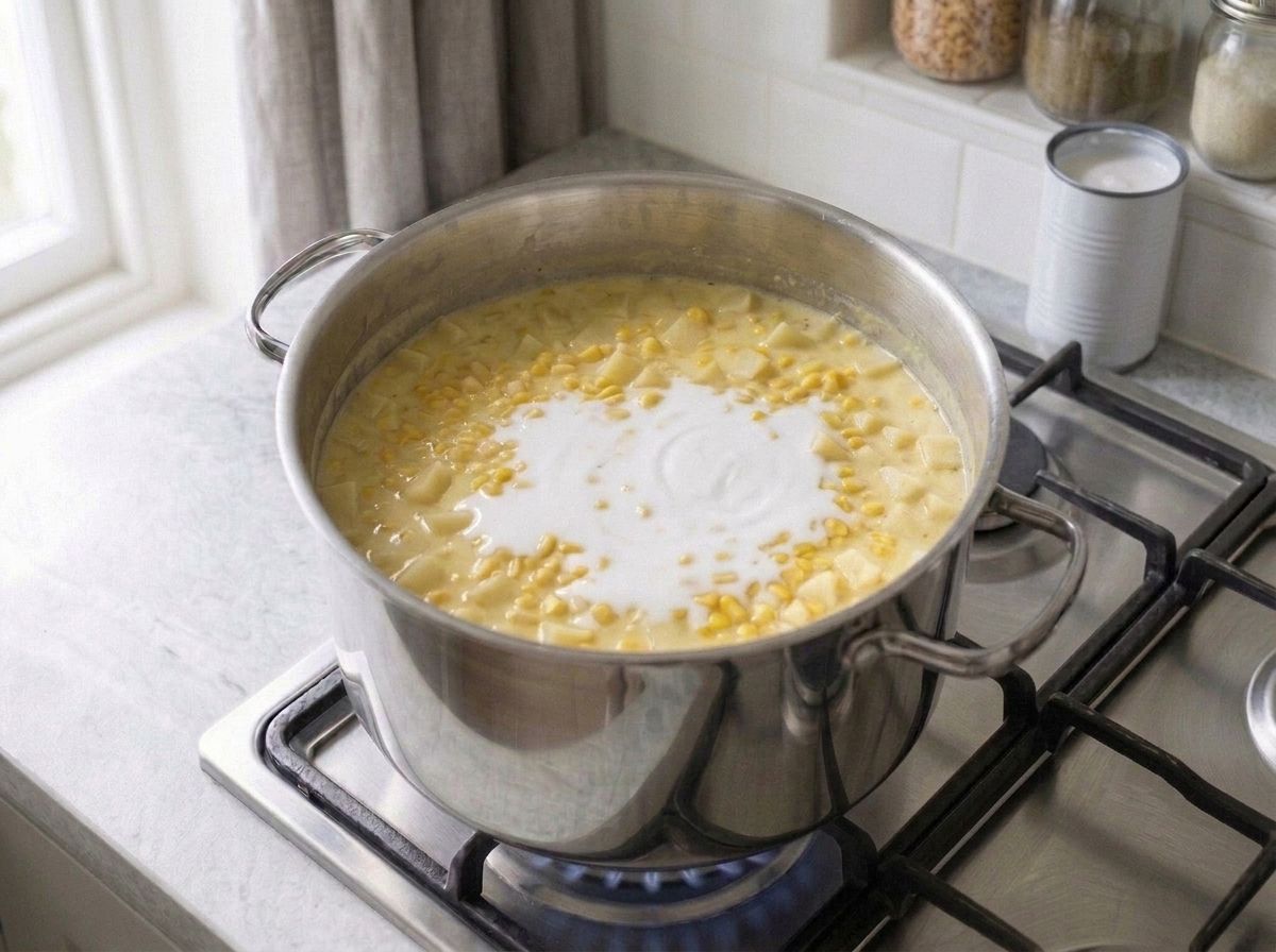 Coconut milk sitting unstirred in a white swirl on the thickened, opaque corn chowder